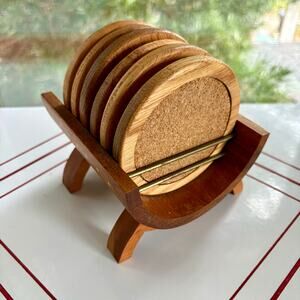 Vintage Wood and Cork Coaster set of 6 with Caddy